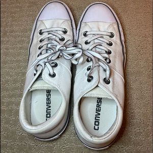 White All Star Converse with black strip around shoe.